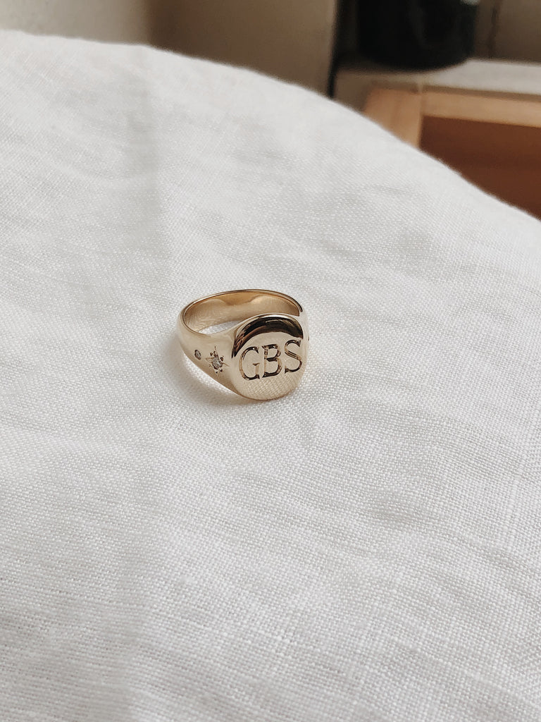 Personalised family heirloom Signet ring with hand engraving and Diamonds. RUUSK jewellery