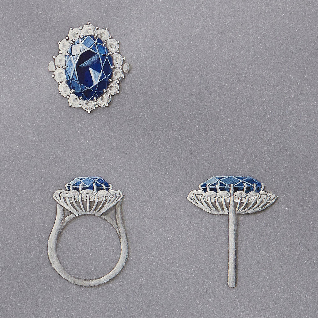 A painted gouche drawing of Princess Diana's engagement ring by Garrard.