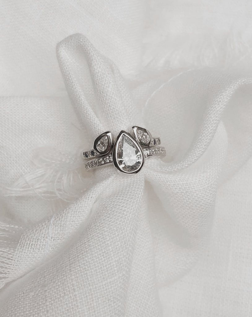 RUUSK bespoke Pear Diamond Engagement ring and custom wedding band set