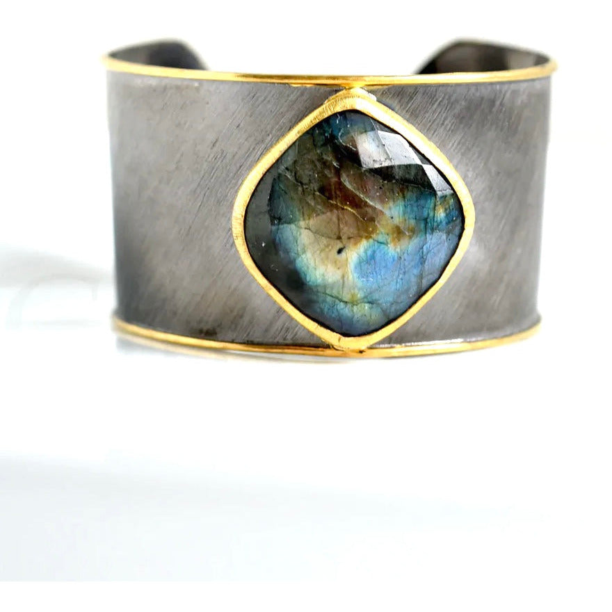 Abrea Labradorite Stone Gold Two Tone Cuff Bracelet