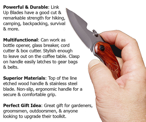 Link Up Stainless Steel Wood Handle Folding Knife  Groomsmen Gifts & Gifts for Men