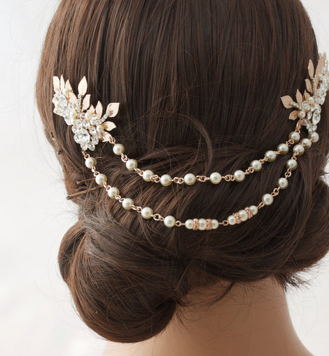 Rose Gold Hair Chain Wedding Headpiece Pearl Draped Bridal Hair Comb S   Made with Love