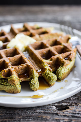 Matcha and pumpkin seed waffles.