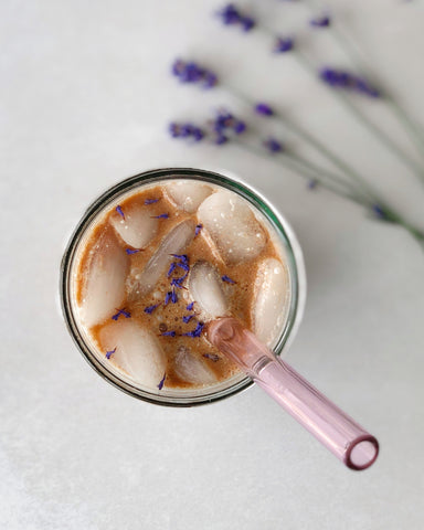 Overhead image of an Iced Lavender Cacao or Mocha featuring JOYÀ's Cacao Elixir Blend