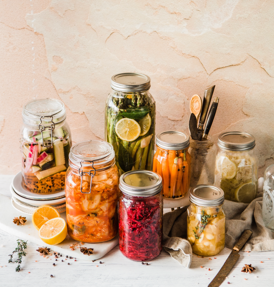 Various fermented foods in jars