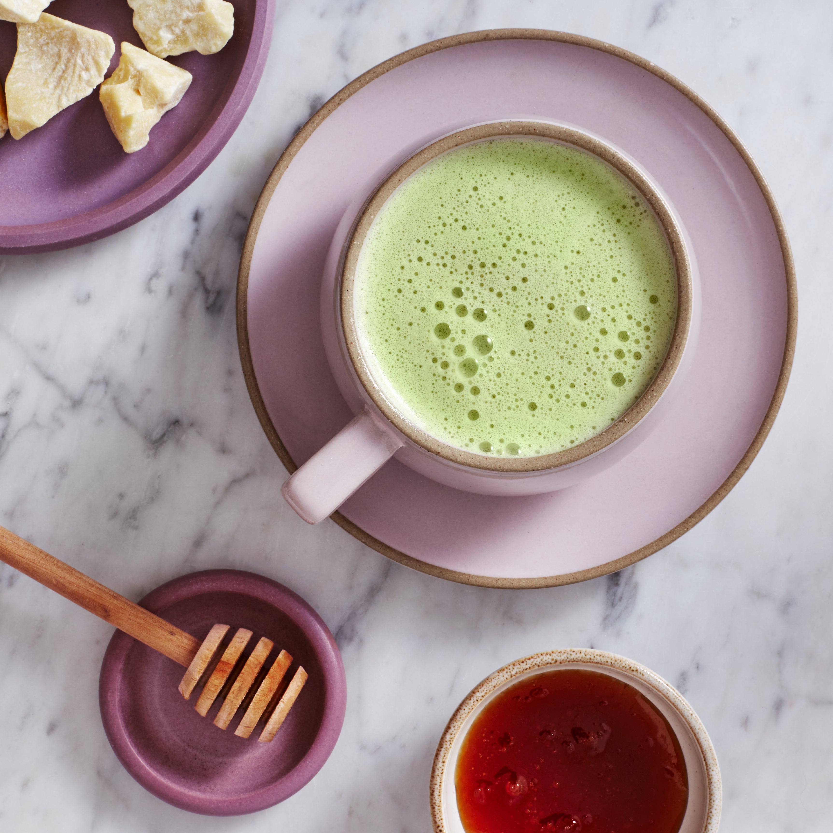 Matcha latte with cacao butter and honey