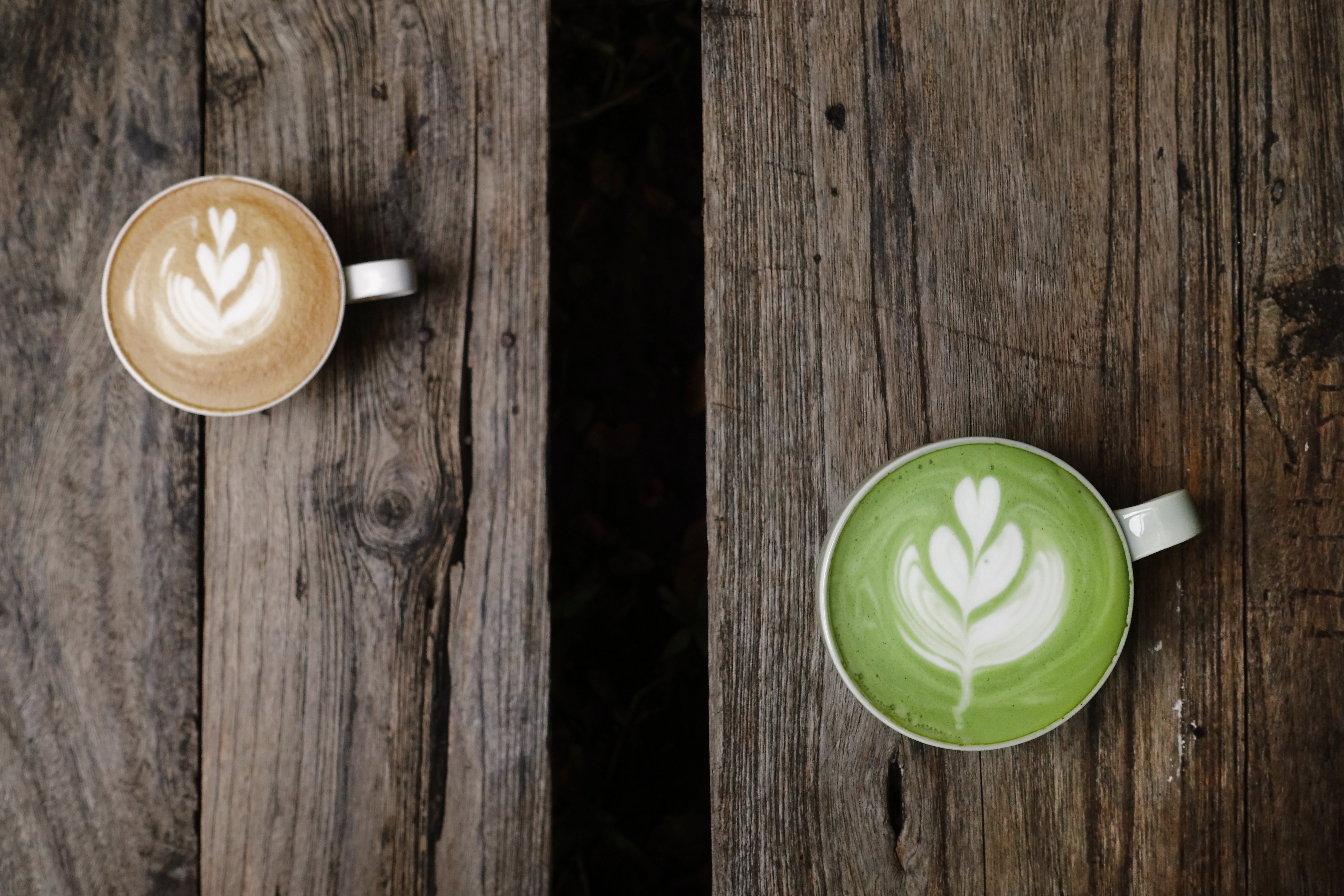 Overhead shot of a latte and a matcha latte