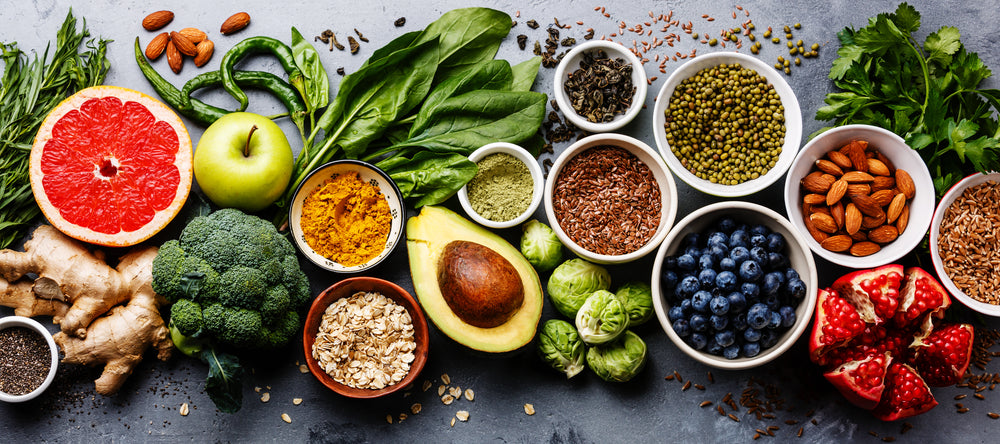 Array of colorful fruits and vegetables