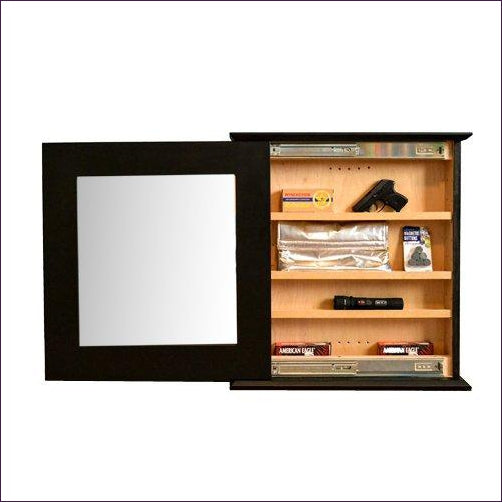 Hidden storage mirror, In-wall gun safe concealment cabinet - Espresso