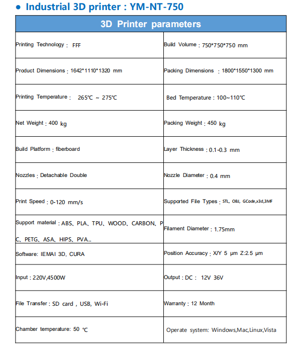 Large capacity 3D printer model YM-NT-750 parameters