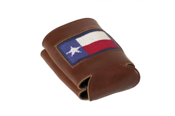 Texas Flag needlepoint can cooler leather koozie by Asher Riley