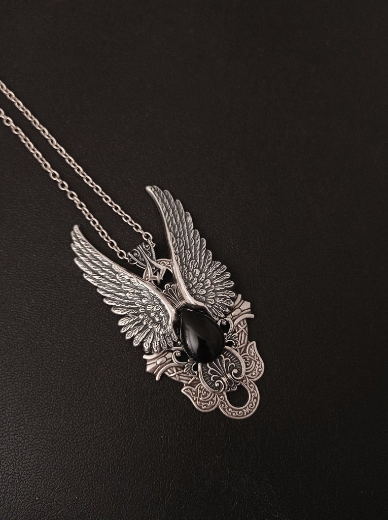 Gothic Pendant Necklace with Silver Wings and Black Onyx – Aranwen's ...