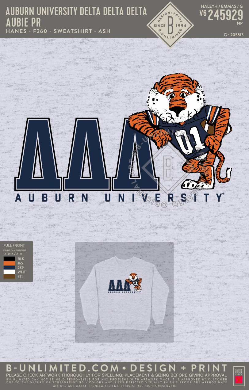 Auburn University Delta Delta Delta - Aubie PR - Hanes - F260 - Sweatshirt - Ash