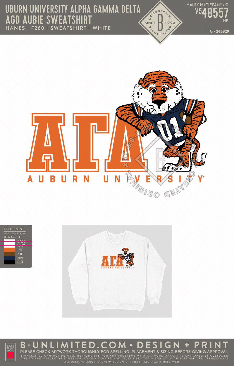 Auburn University Alpha Gamma Delta - AGD Aubie Sweatshirt - Hanes - F260 - Sweatshirt - White