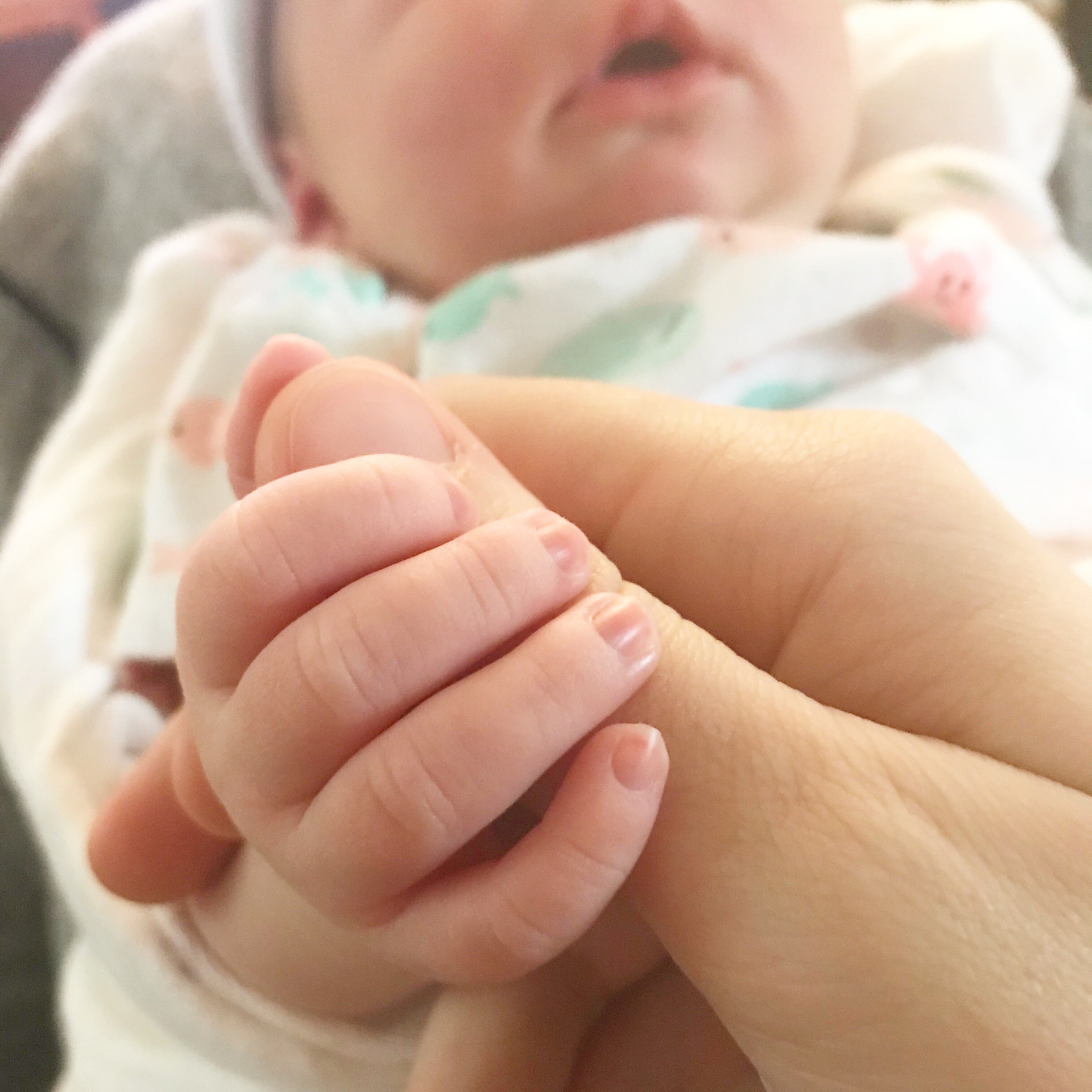 Detail image of a parent's hand holding a tiny newborn baby's hand, with the baby in the background.