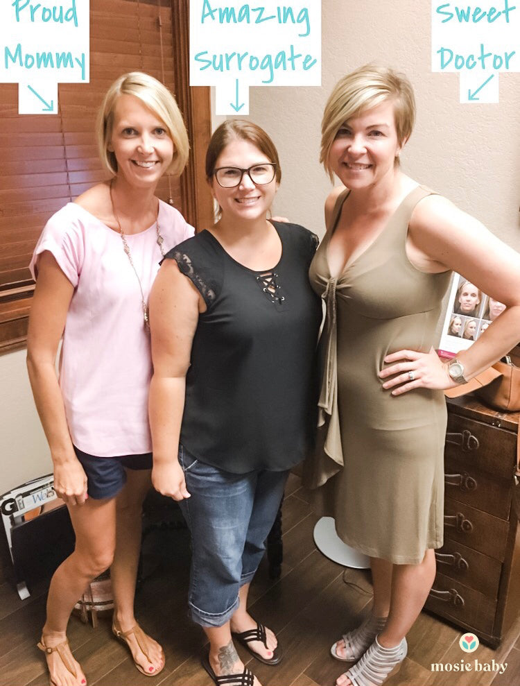mother, surrogate, and doctor after mosie baby birth