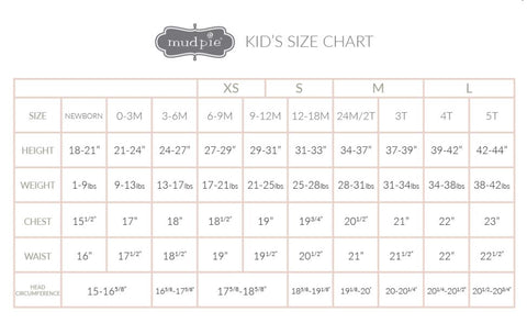 mud pie kids clothing size chart