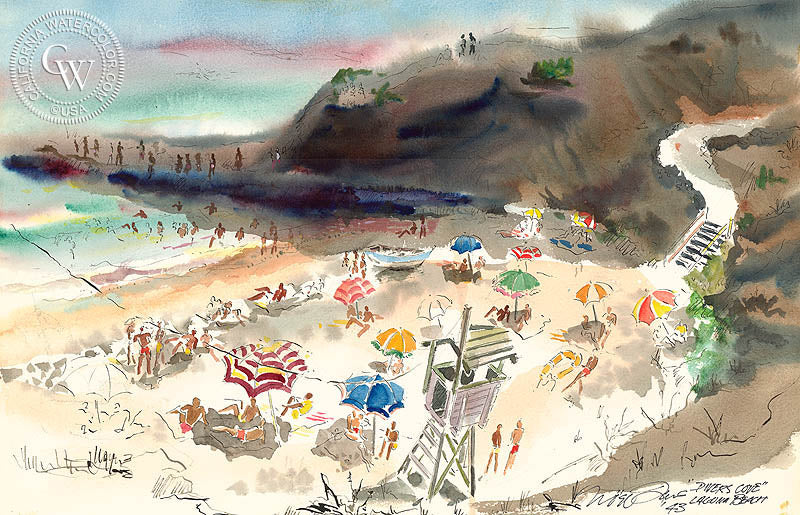 Divers Cove, Laguna Beach, 1943, A Watercolor Painting By Noel Quinn – California Watercolor