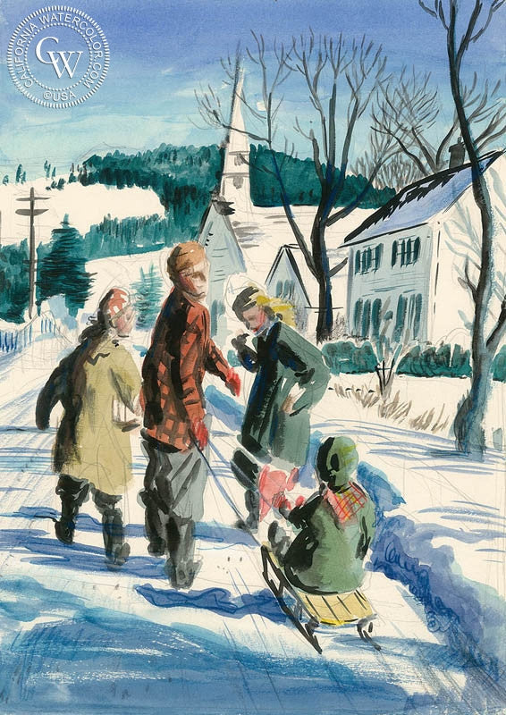 Sledding, art by Preston Blair – California Watercolor