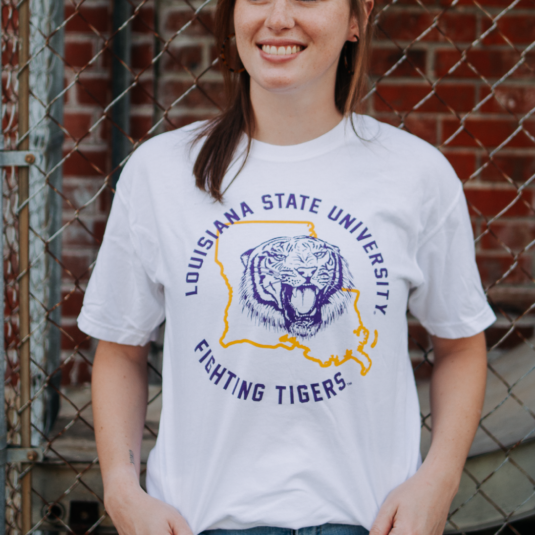  FanPrint LSU Tigers T-Shirt - Louisiana Saturday Night Map -  Women's Tee/Purple/S : Sports & Outdoors