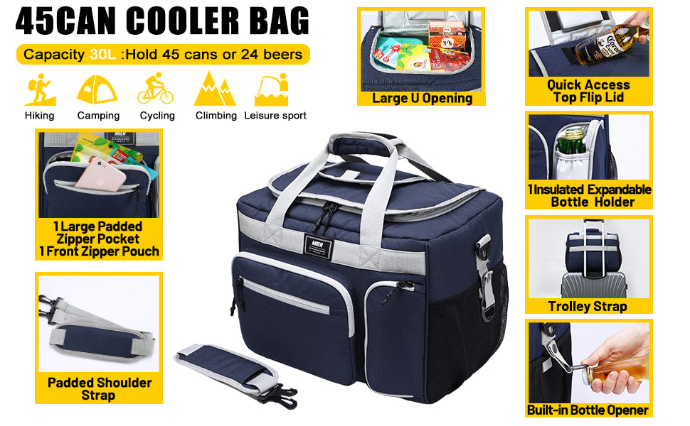 Extra Large Soft Cooler Bag with Bottle Opener, 45 Can - Blue