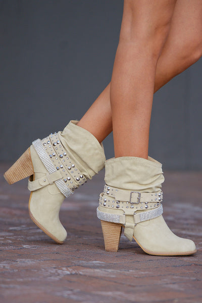 A Rhinestone In The Rough Booties - Cream - Closet Candy Boutique