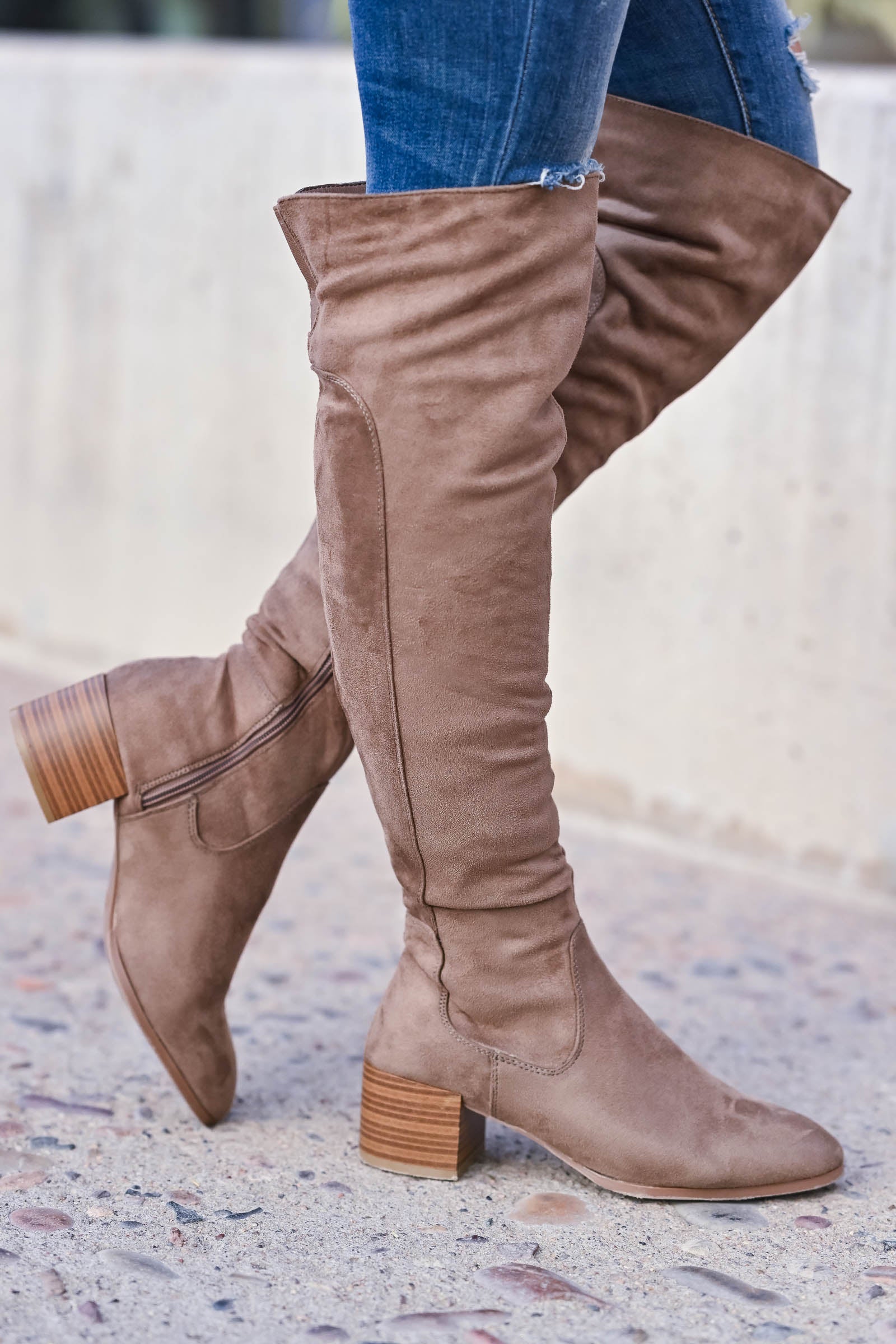 over the knee taupe suede boots