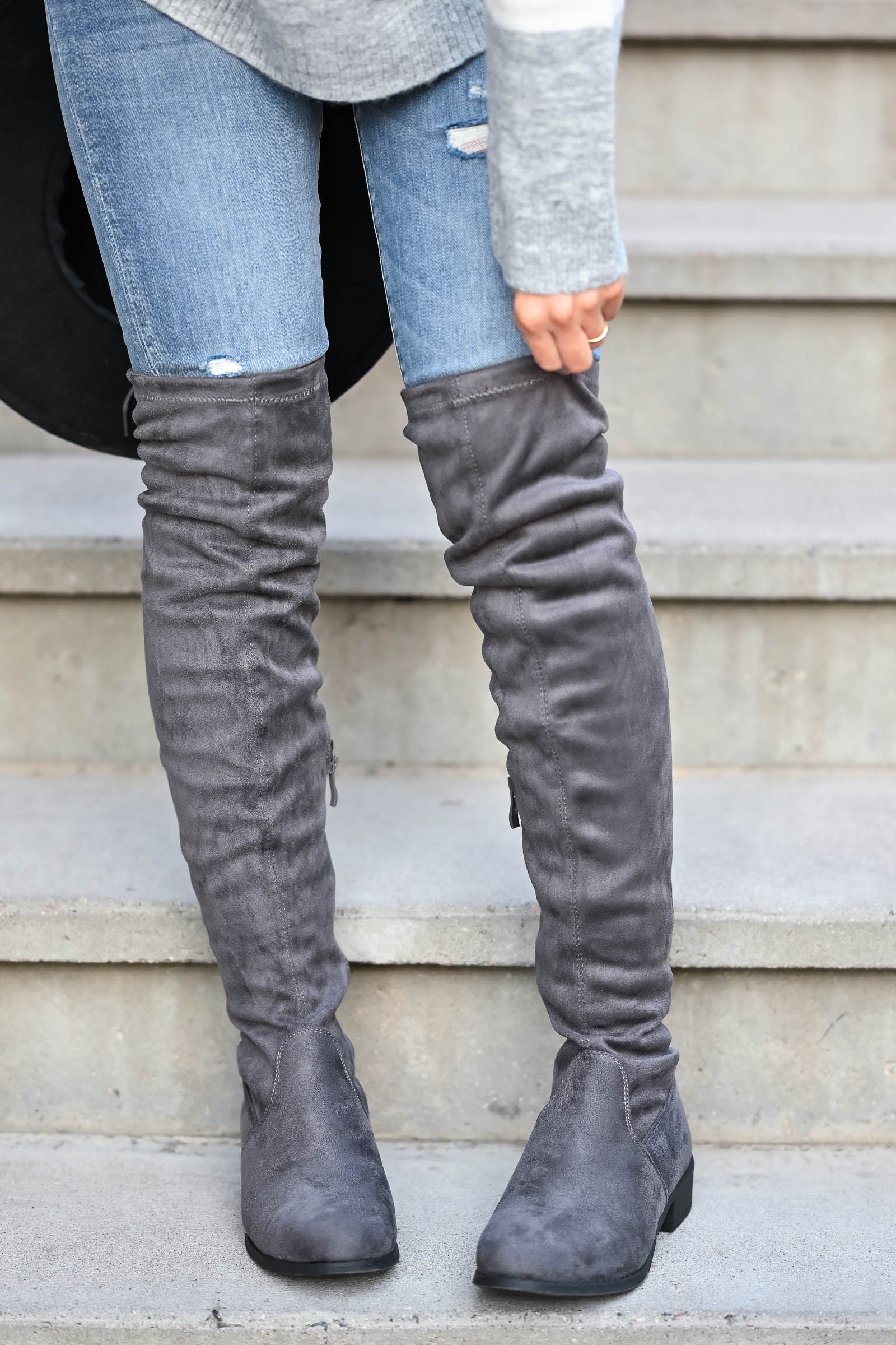 gray suede over the knee boot