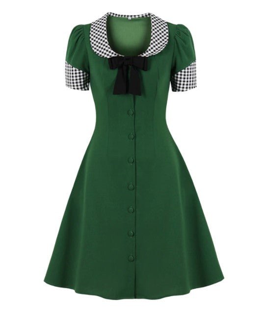 Robe élégante vintage verte années 60 avec motif damier