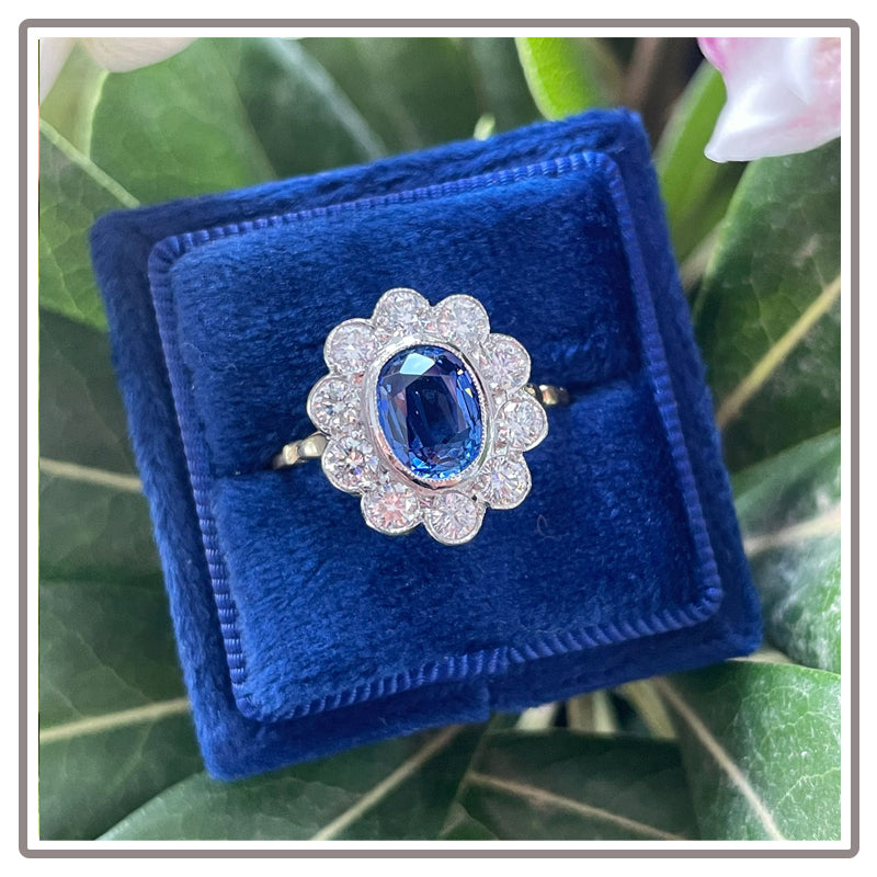 Edwardian Antique Style Blue Sapphire and Diamond Halo Oval Cut Engagement Ring Katherine James Jewellery 