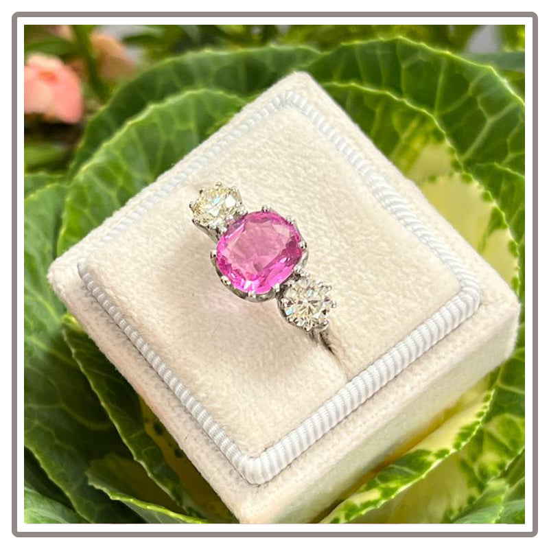 Three Stone Antique Edwardian Style Pink Sapphire and Diamond Cushion Engagement Ring