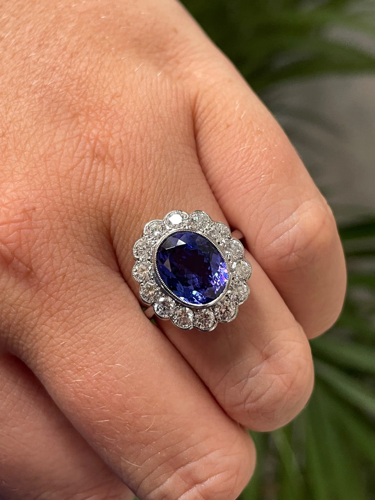 4.00 Carat Oval-Cut Tanzanite and Diamond Halo Cluster Ring in Platinum