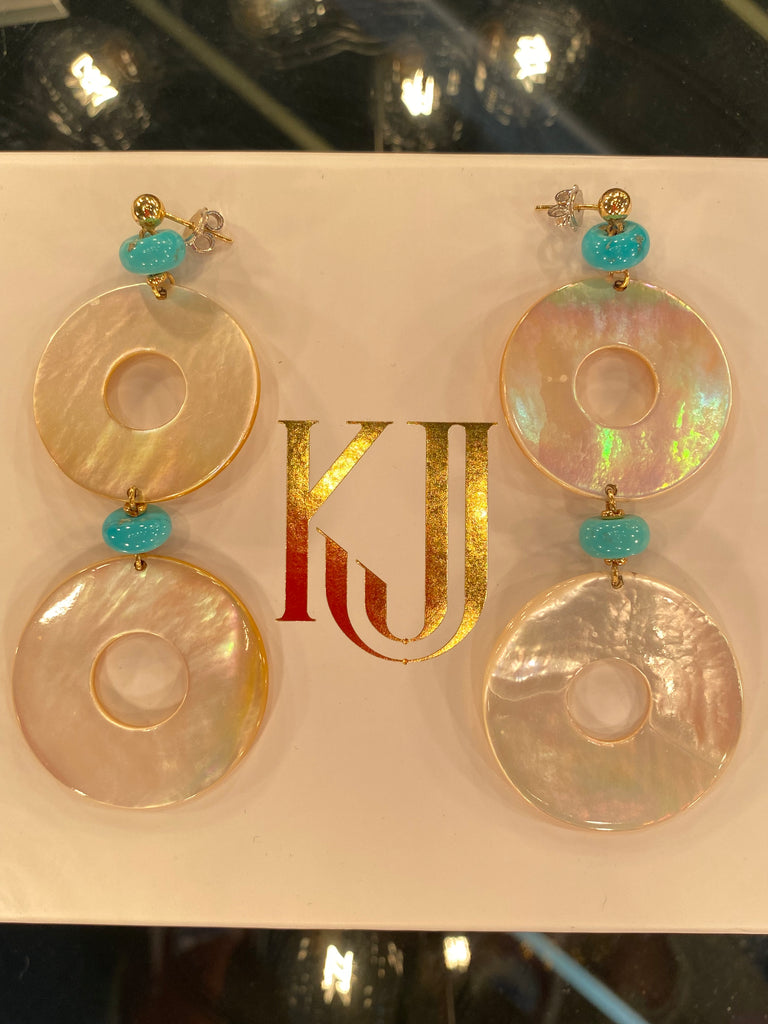 Huge Statement Turquoise and Mother of Pearl Drop Earrings in 18ct Yellow Gold