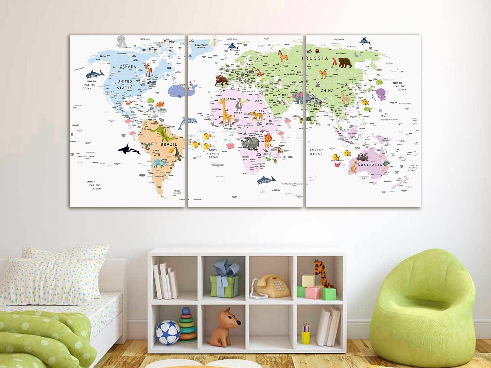 Carte du monde personnalisée Animal Wall Print, Carte éducative, Carte de  la crèche pour enfants, Carte du monde Décor de salle de jeux, Papier  satiné, 6 options de couleur -  France
