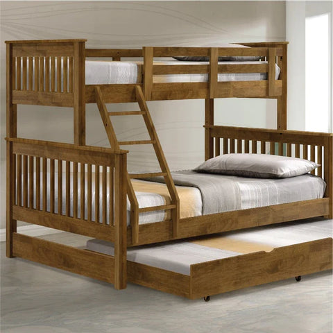 Americana Solid Wood Double Decker Triple Bunk Bed - Detachable Into Queen And Single Bed