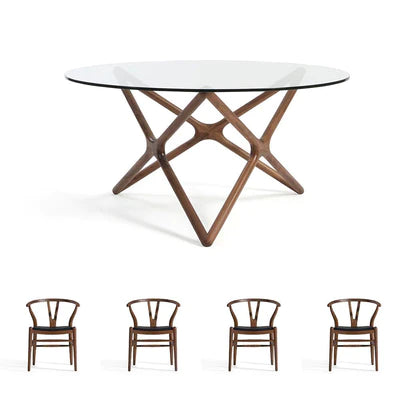 Triple-X Glass Top American Walnut Table + 4/6 Sling Dining Chairs