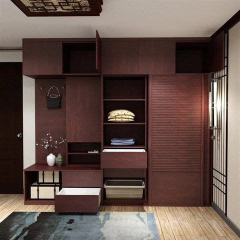 Sliding Door Wardrobe Integrated With Open Shelves And Drawers