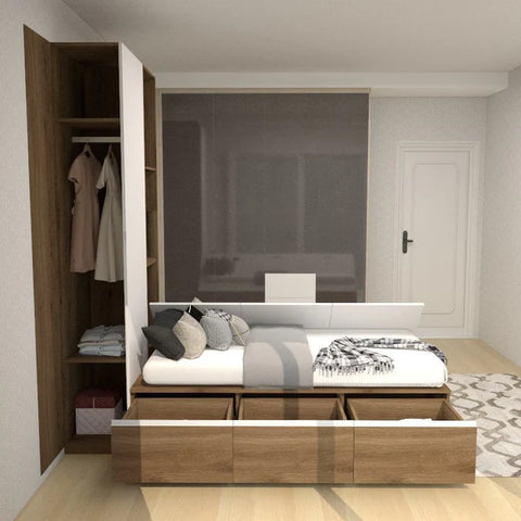 3-Drawer 3-Top Swing Door Tatami Single Storage Bed with Full-Height Built-in Wardrobe Headboard (C19)