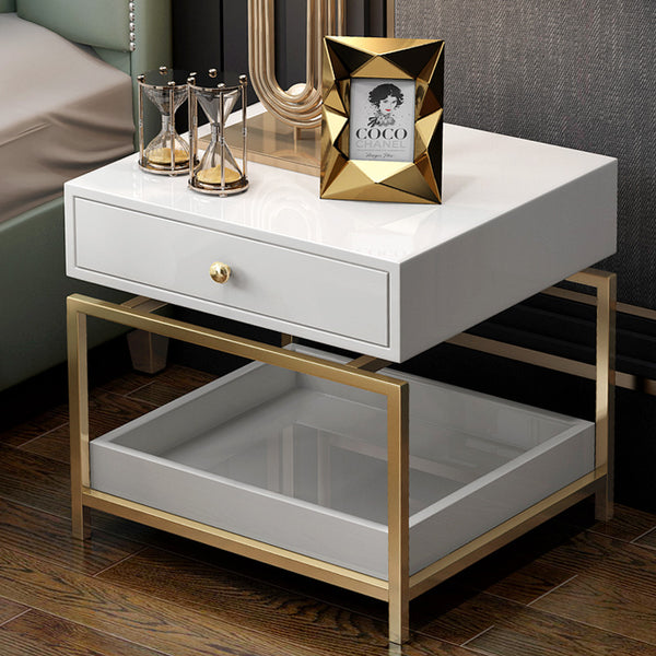 Modern Nightstand /Side Table - End Table with 2 Drawers, White & Gold
