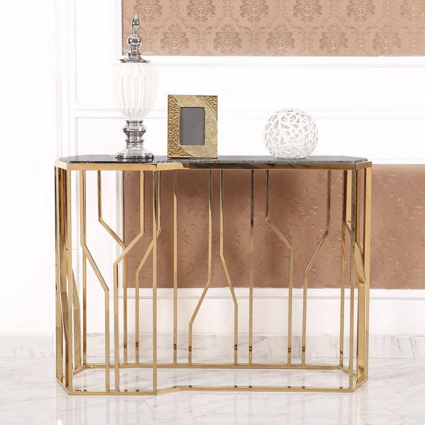 Modern Glass Console Table Black Top Gold Metal Frame Decobuys