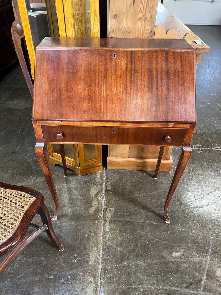 Antique Slant Front Wooden Desk + Cane Chair