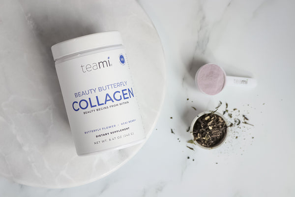 teami beauty butterfly marine collagen powder with butterfly pea flower leaves