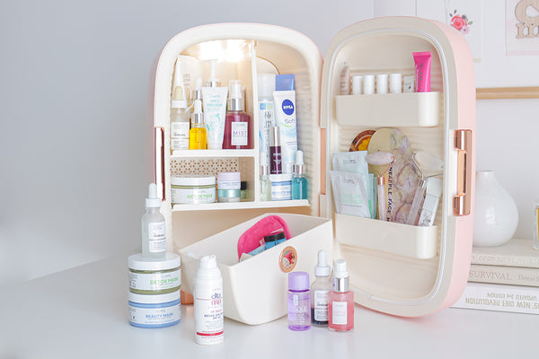 many skincare products in teami luxe skincare fridge