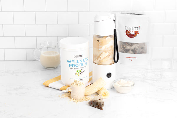 smoothie made with Organic Plant-Based Wellness Protein, Teami Chai Tea and banana