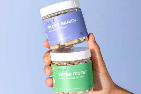 Bloat Banish Vitamin held with super digest vitamin. Bloat Balance bundle with digestive enzymes, herbs and probiotics