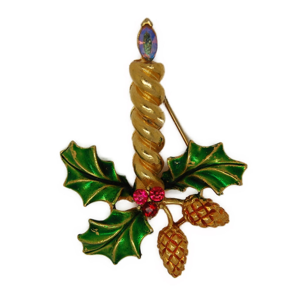 Corel Christmas Candle Holly Pinecones Vintage Figural Pin Brooch