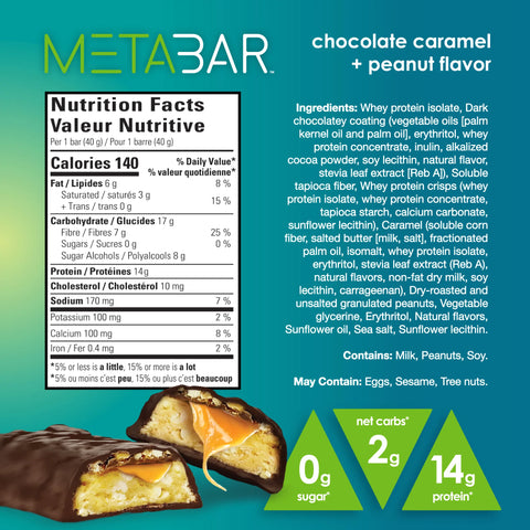 No Sugar Company meta bar chocolate caramel and peanut flavour ingredients