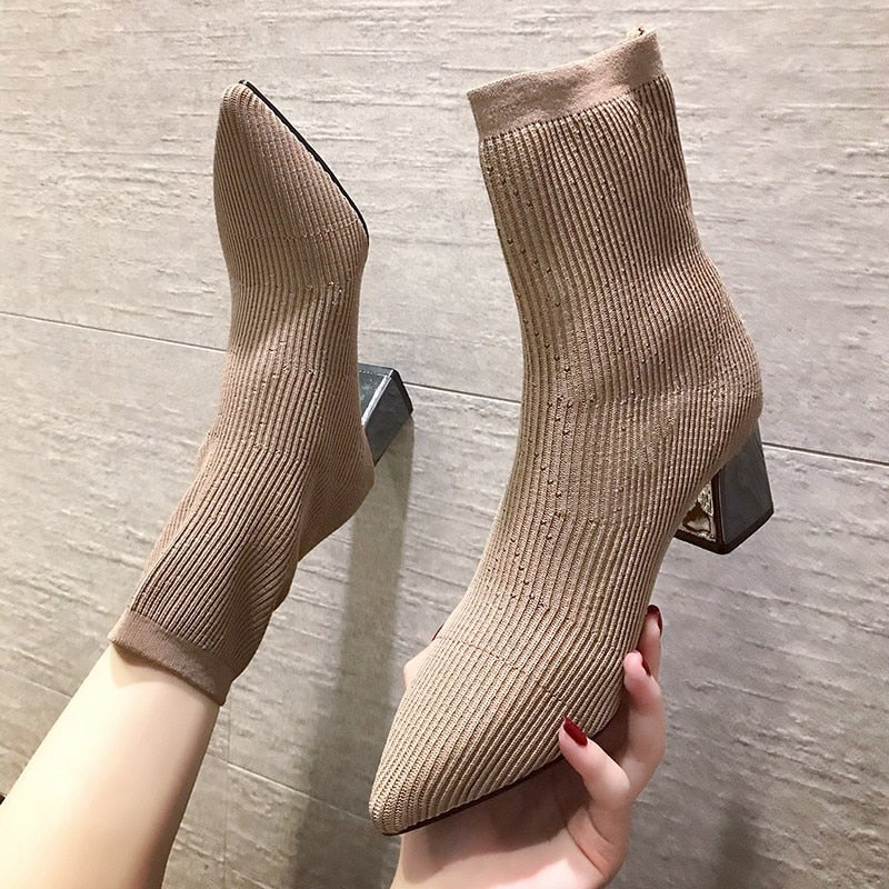 black knitted pointed toe sock ankle boots