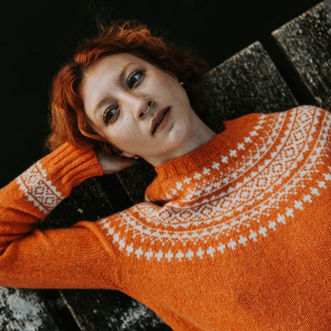 model in orange snow jumper