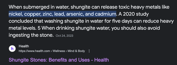 Shungite water release of toxic heavy metals